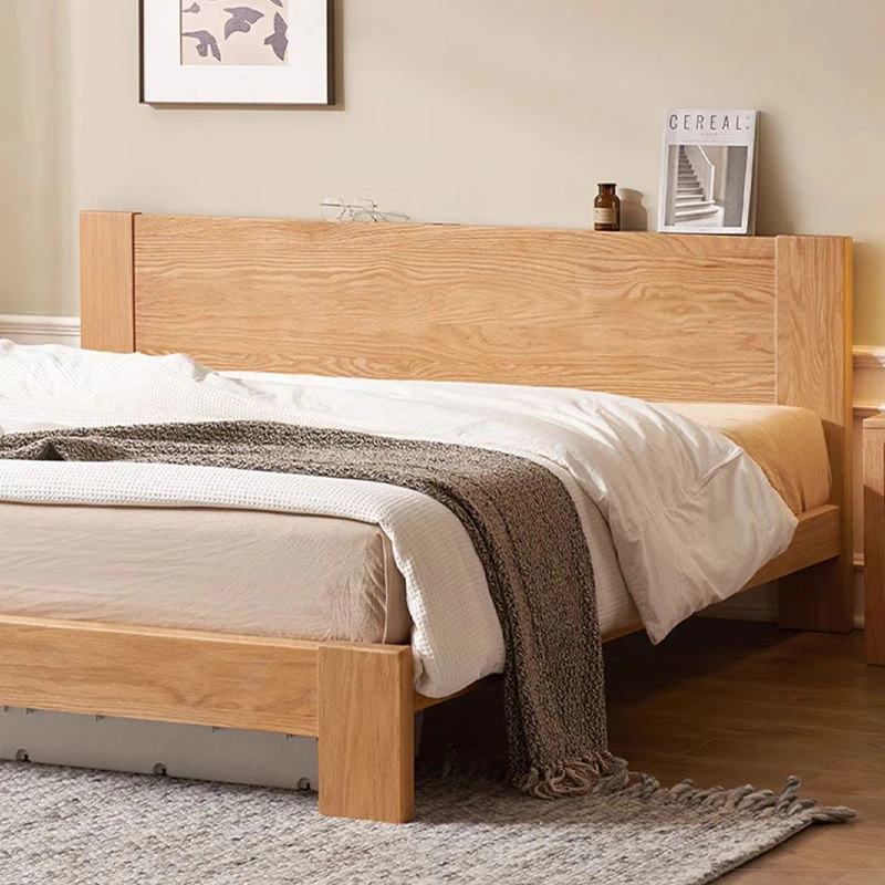 solid-oak-platform-bed-frame-underbed-storage Solid oak platform bed frame with underbed storage and headboard storage ledge