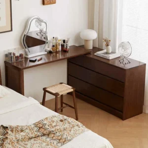 solid-walnut-l-shaped-vanity-desk-with-drawers Solid walnut L shaped vanity desk with drawers in a bright bedroom
