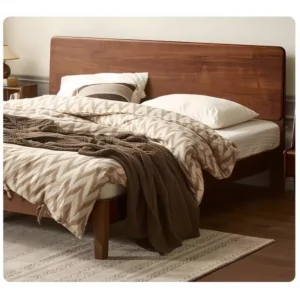 solid-walnut-platform-bed-frame-master-bedroom Solid walnut platform bed frame with rounded headboard in an elegant master bedroom