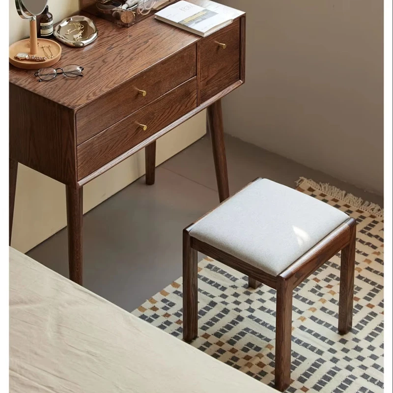 Solid wood dressing stool front view with leg stretcher bars