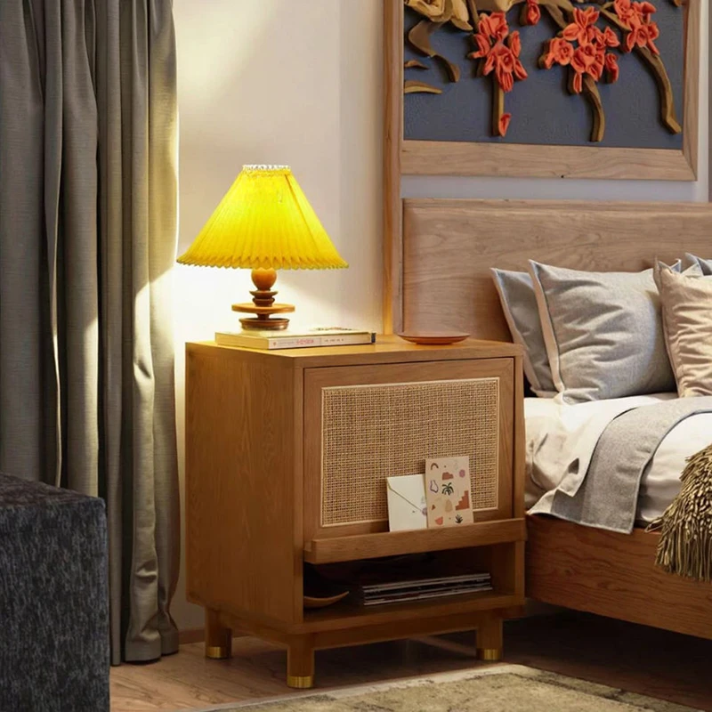 solid-wood-nightstand-cane-door-bedside-view Oak Rattan Nightstand with Flip-Down Door and Shelf