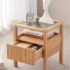 Solid wood oak nightstand with glass top, open shelf and fluted drawer front