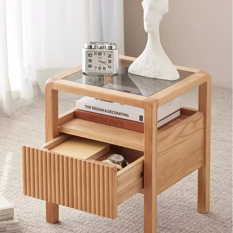 Solid wood oak nightstand with glass top, open shelf and fluted drawer front
