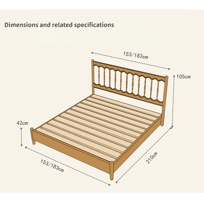 Platform bed dimensions diagram showing 153 or 183cm widths, 210cm length and 105cm headboard height