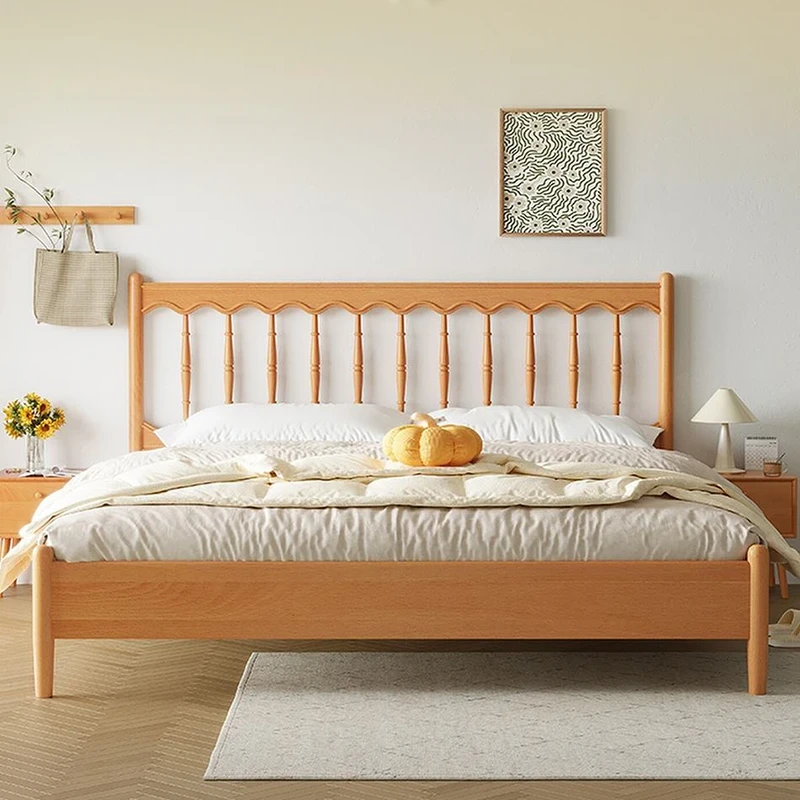 Cherry wood platform bed frame with wavy spindle headboard front view