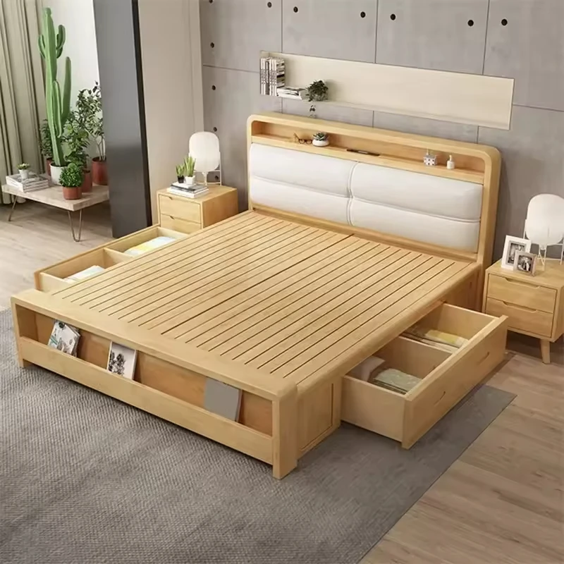 solid-wood-storage-bed-drawers-open-detail Solid wood storage bed with drawers open showing storage detail