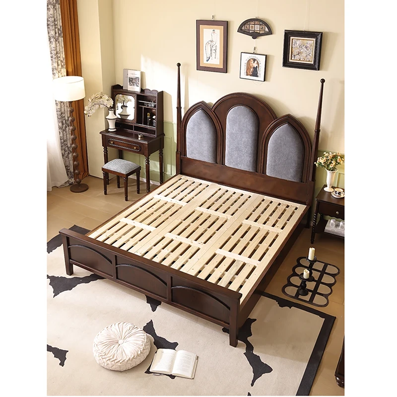 Vintage poster bed slatted base view showing solid wood frame structure