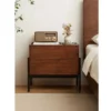 Walnut two-drawer nightstand with black metal legs front view