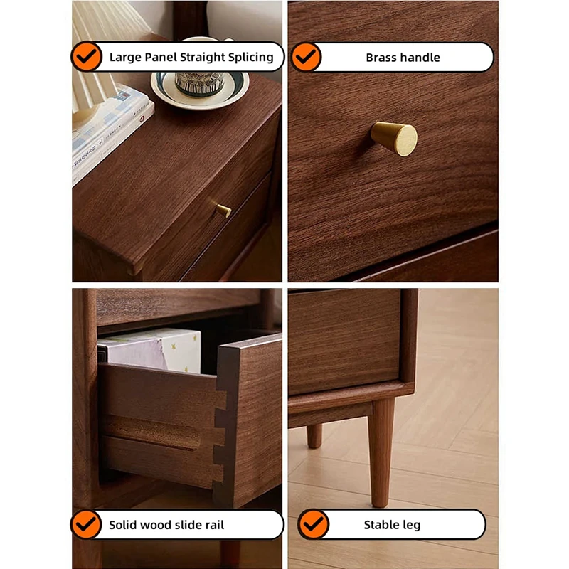 Walnut two-drawer nightstand with brass leg tips and dovetail joint detail