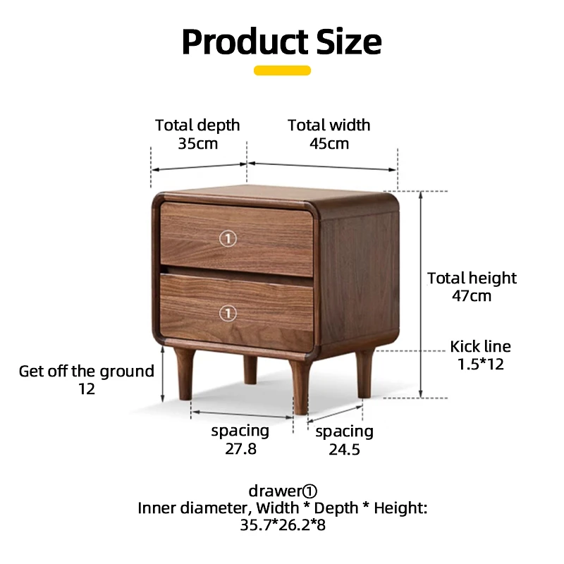 Walnut two-drawer nightstand rounded corner dimensions measurement drawing