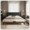 walnut-bed-black-leather-headboard-front-view Walnut bed with black leather headboard front view showing clean platform lines