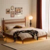 walnut-bed-frame-cream-headboard-lifestyle-scene Walnut bed frame with cream upholstered headboard in a lifestyle bedroom scene