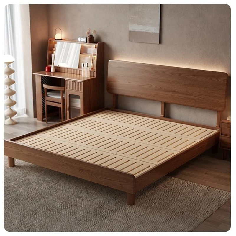 walnut-bed-frame-slatted-base-led-headboard Walnut bed frame with ventilated slatted base and LED headboard panel