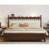 Walnut bed frame with upholstered wavy headboard shown in a front view