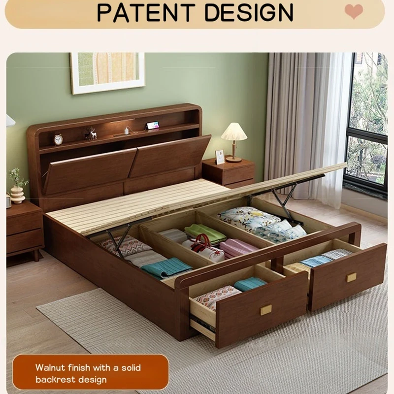 Walnut finish gas lift storage bed with solid backrest product view