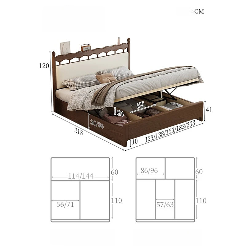 Walnut gas lift storage bed dimensions diagram showing lifted base and storage