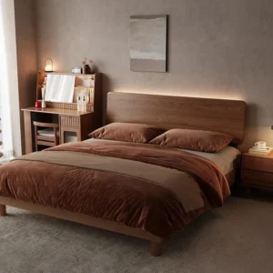 walnut-led-headboard-platform-bed-bedroom-scene Walnut platform bed with LED headboard glowing in a modern bedroom scene