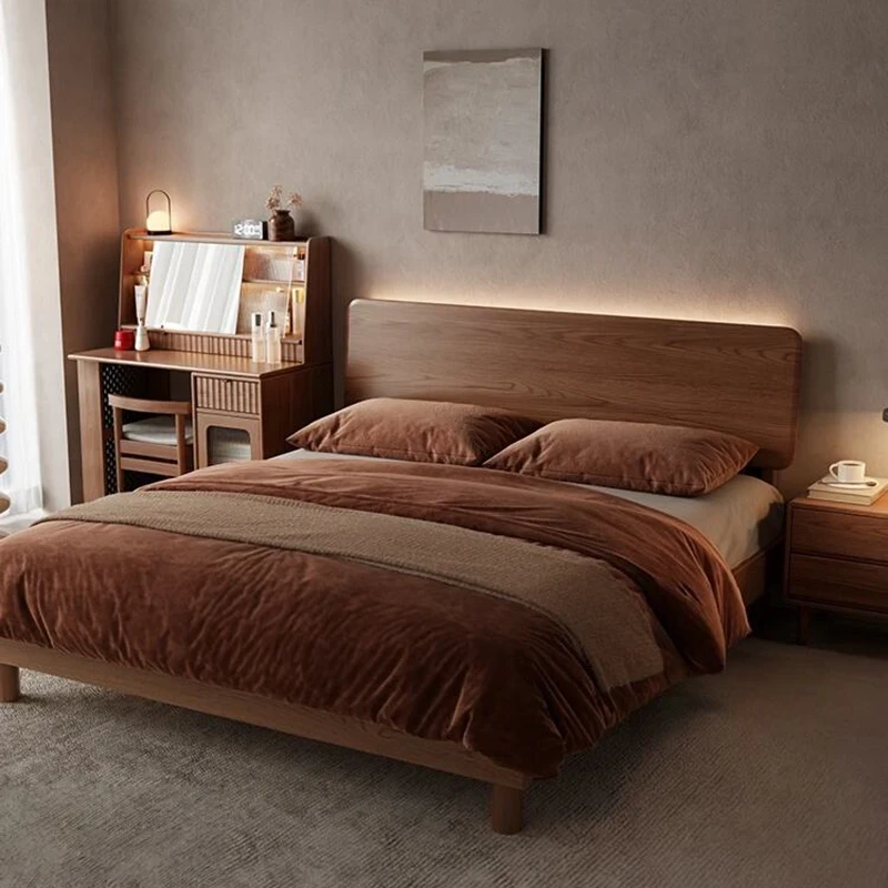 walnut-led-headboard-platform-bed-bedroom-scene Walnut platform bed with LED headboard glowing in a modern bedroom scene