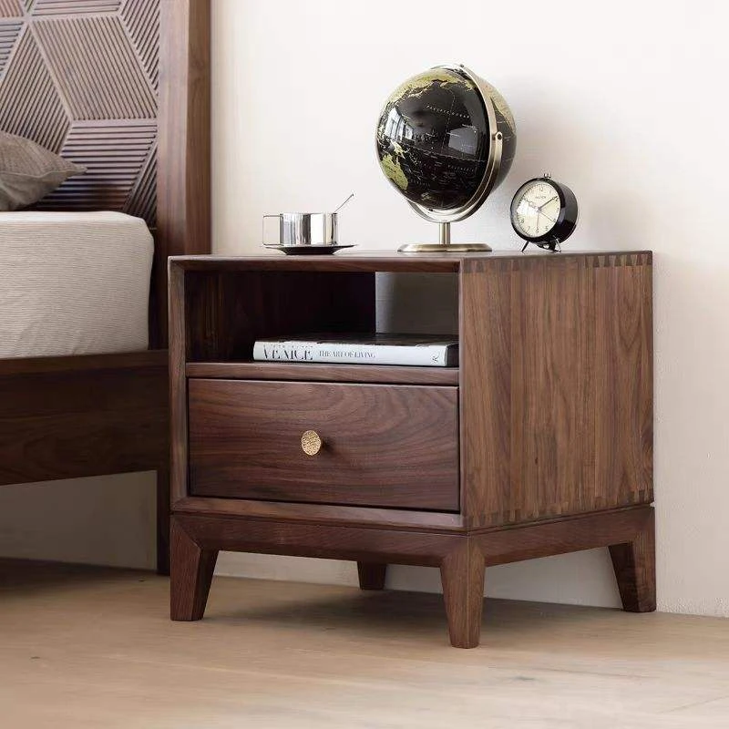 Walnut nightstand bedside table with globe and clock in bedroom scene