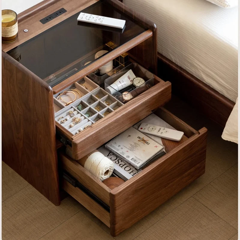 walnut-nightstand-charging-port-and-switch-features Walnut nightstand charging port and touch switch feature detail