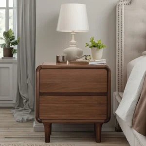 Walnut nightstand with drawers open in a styled bedroom bedside scene