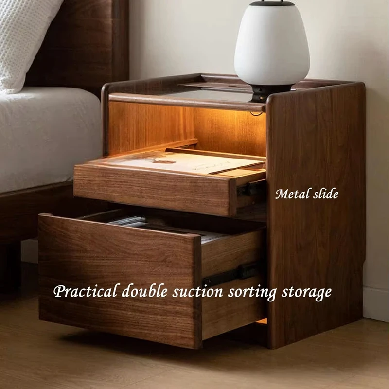 walnut-nightstand-jewelry-tray-drawer-storage-detail Walnut nightstand with jewelry tray drawer storage detail view