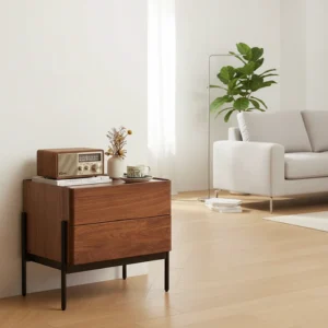Walnut nightstand with two drawers shown in a living room side view scene