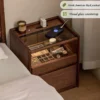 walnut-nightstand-metal-slide-drawer-led-light Black walnut smart nightstand with glass top beside bed and LED lit drawer