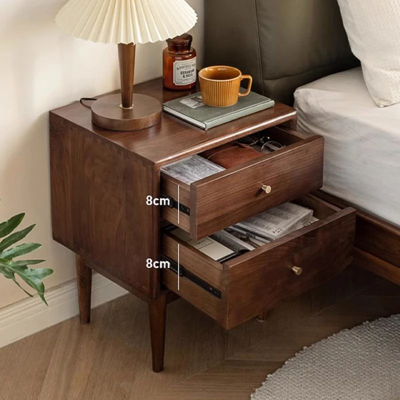 Walnut nightstand with open drawers showing storage dimensions