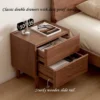 walnut-nightstand-product-dimensions-diagram Black walnut nightstand with drawers open showing wooden slide rails in bedroom