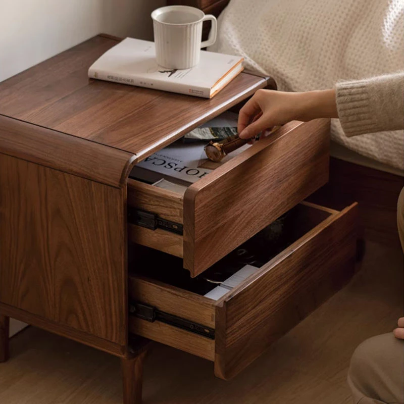 Walnut nightstand rounded leg and wood grain close-up detail