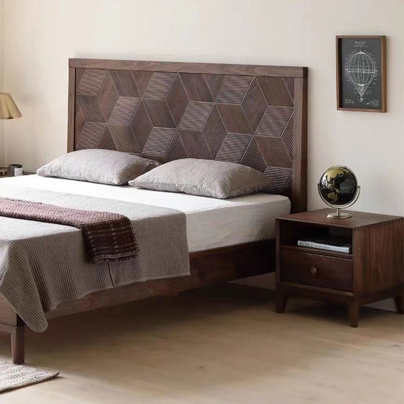 Walnut nightstand paired with matching bed in modern bedroom set