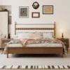 walnut-platform-bed-upholstered-headboard-front-view Walnut platform bed with upholstered headboard front view in a bedroom