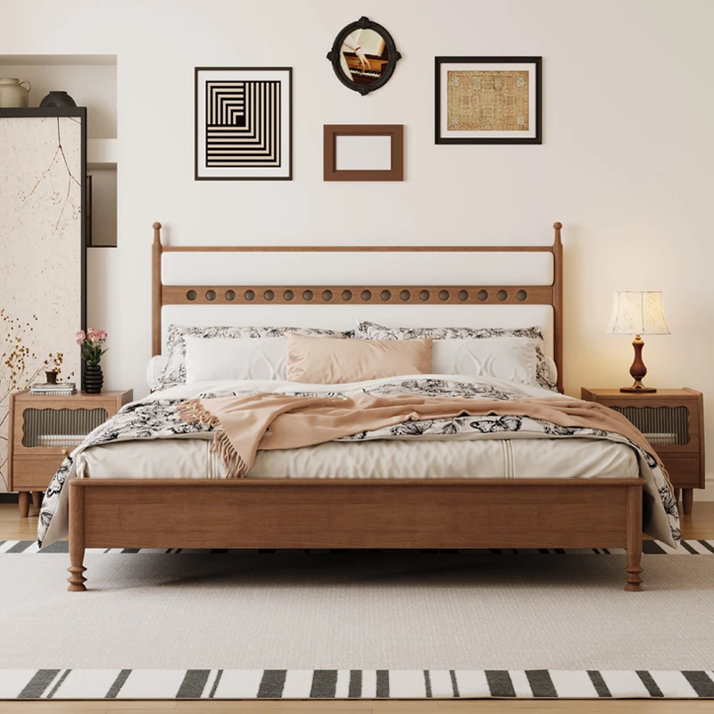 walnut-platform-bed-upholstered-headboard-front-view Walnut platform bed with upholstered headboard front view in a bedroom