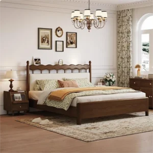 walnut-spindle-headboard-cream-upholstered-bed-frame-1 Walnut bed frame with spindle headboard and cream upholstered panels front view