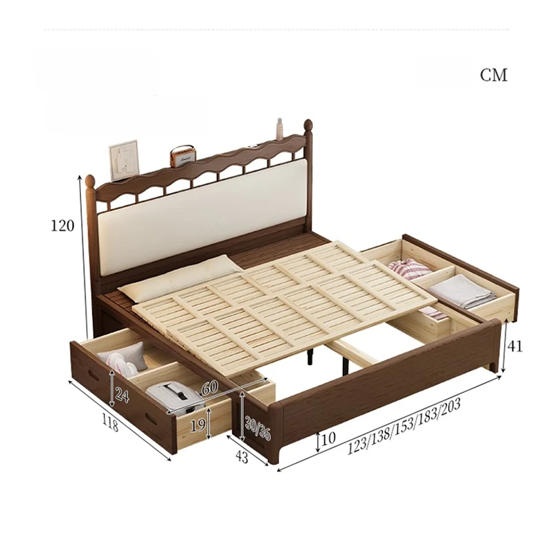 Walnut storage bed under bed drawers with dimension markings