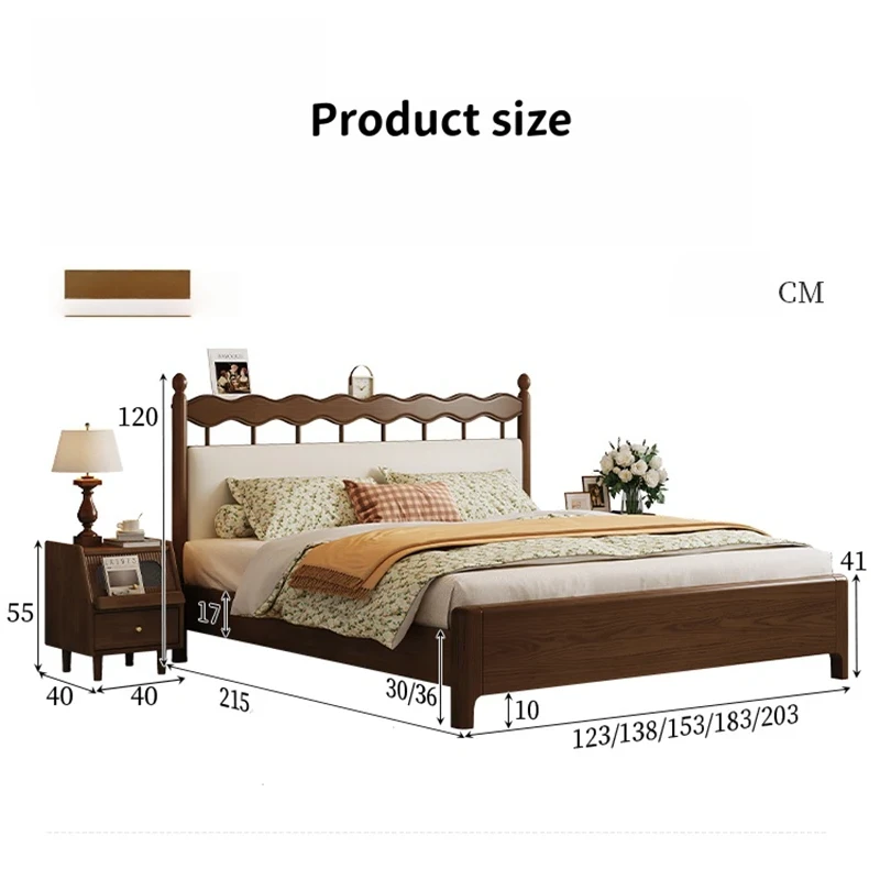 Walnut upholstered bed product size diagram with length and width figures