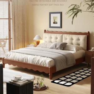 Walnut wood bed with cream tufted headboard styled in a romantic bedroom