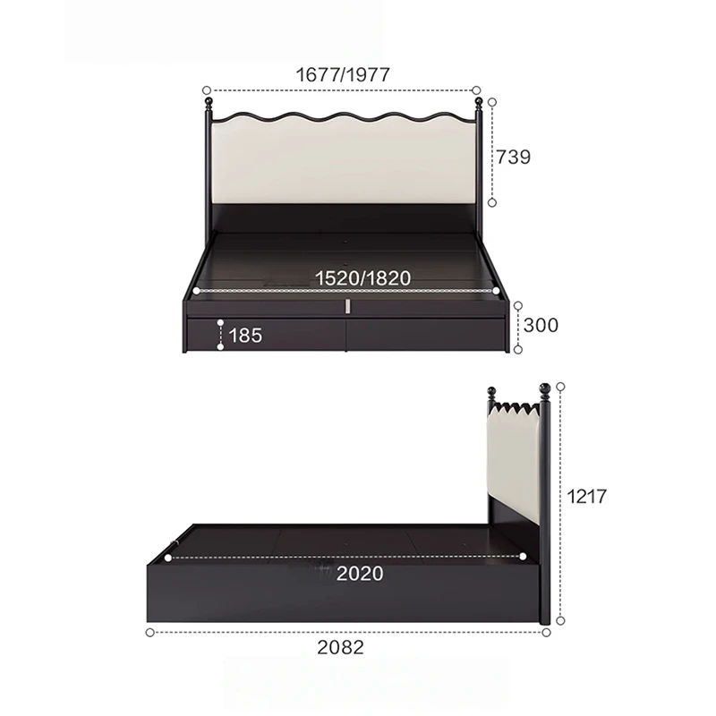 Wavy bed frame dimensions measurement chart with full size details