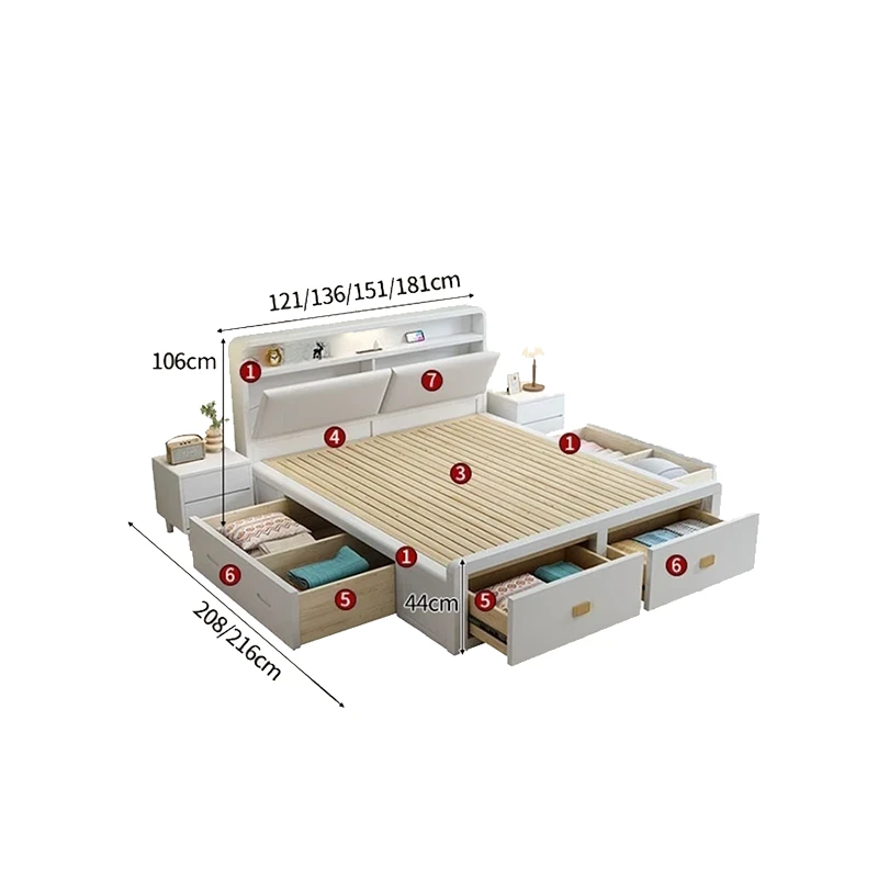 White storage bed frame dimensions diagram for size selection
