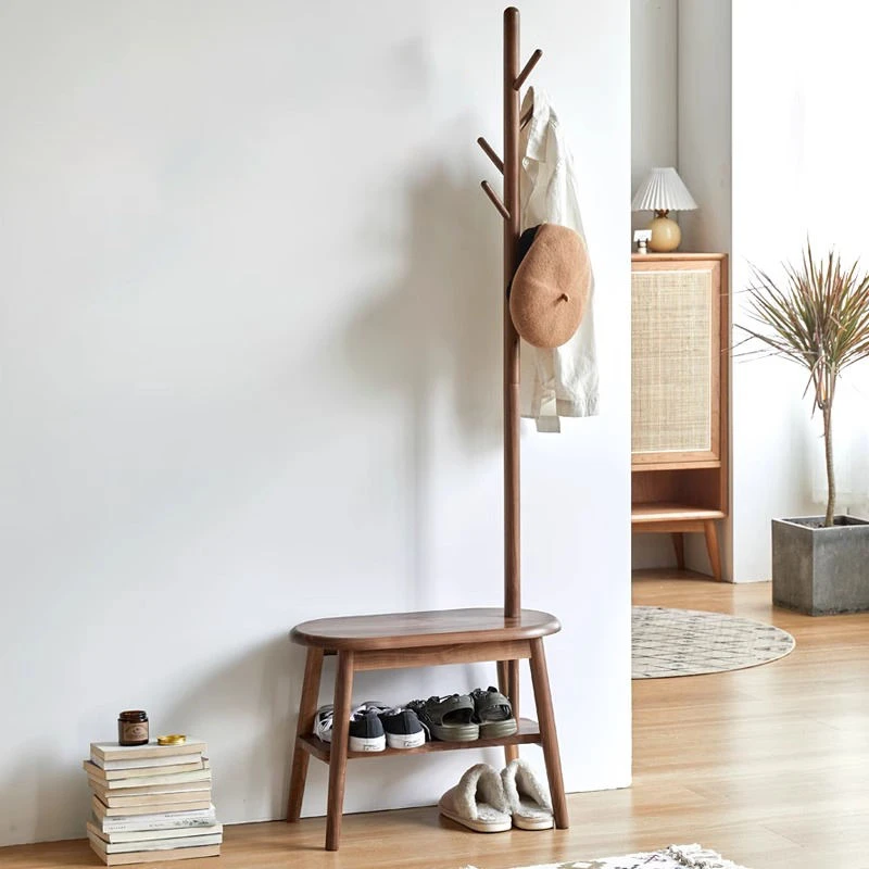 wooden-coat-rack-stand-with-shoe-storage-shelf Wooden coat rack stand with two tier shoe storage shelf below