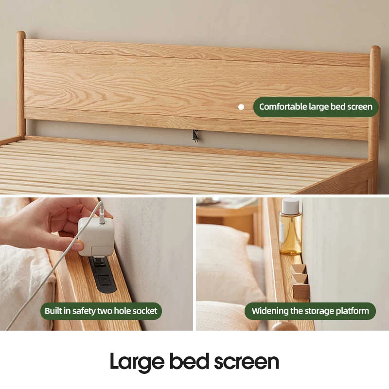 Wooden headboard detail with power sockets and storage platform